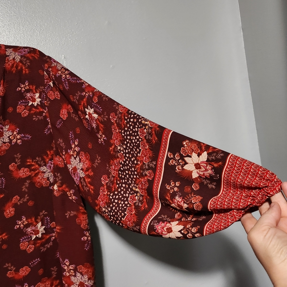 TAHARI Blouse Women's Plus Size 3X Burgundy Floral Boho Romantic Top - Picture 5 of 9